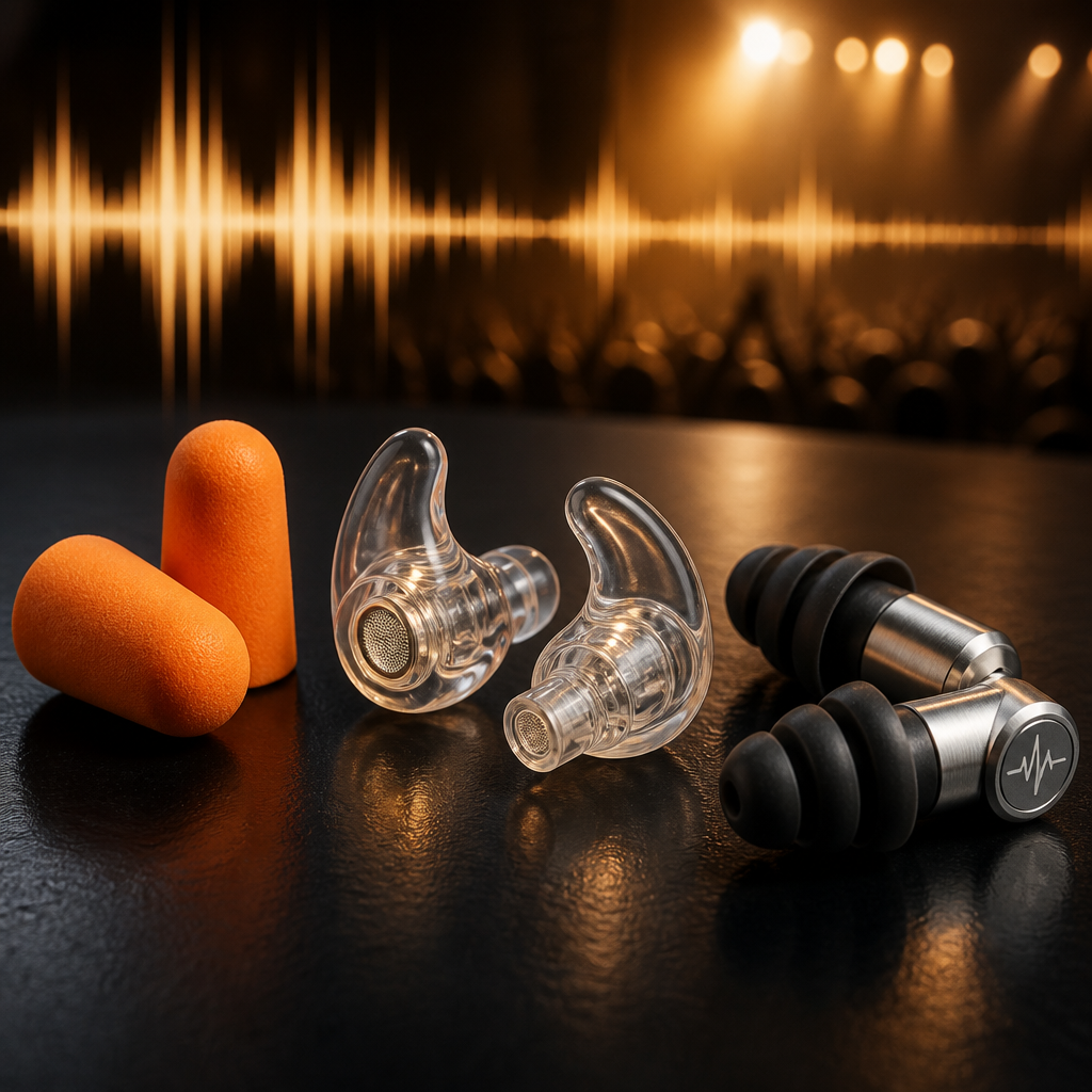 Selection of concert ear plugs including foam, high-fidelity, and reusable options arranged on a dark surface
