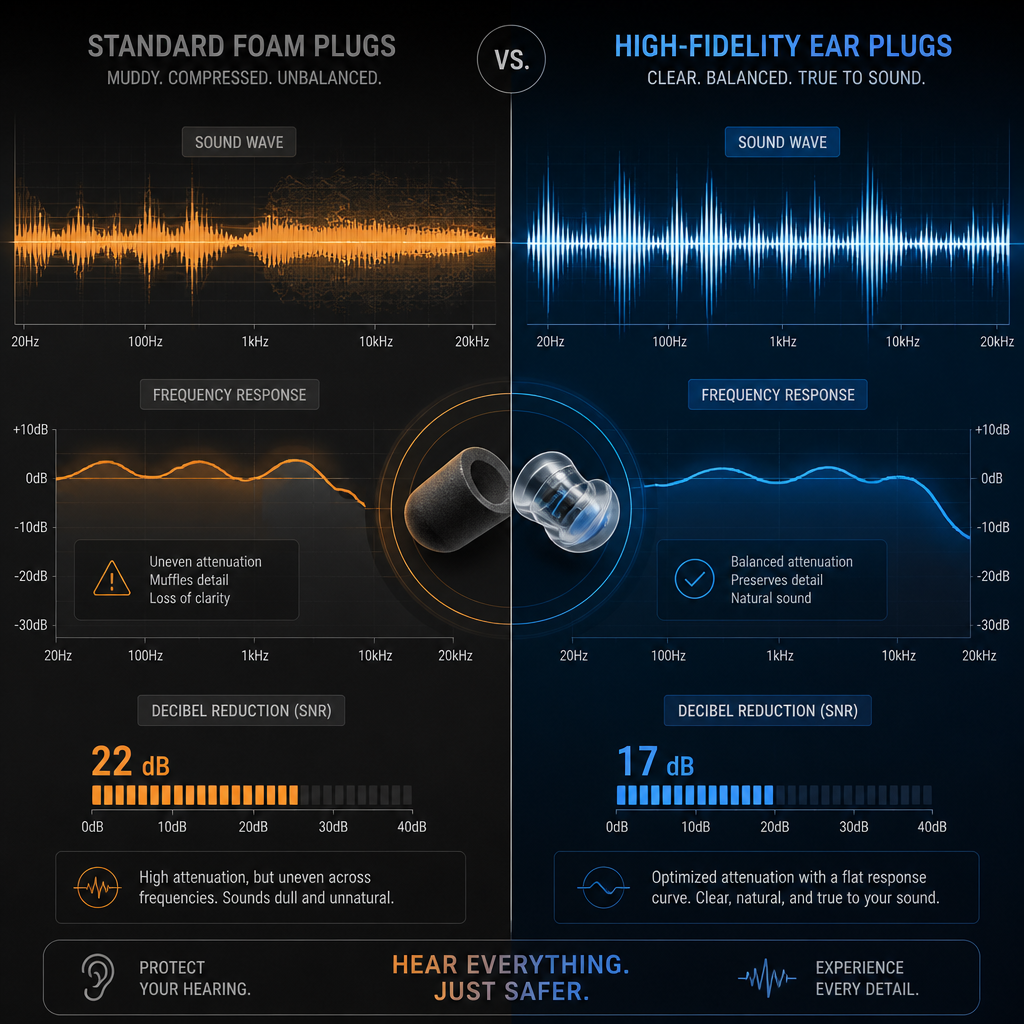 Data visualization comparing sound frequency response between standard and high-fidelity ear plugs