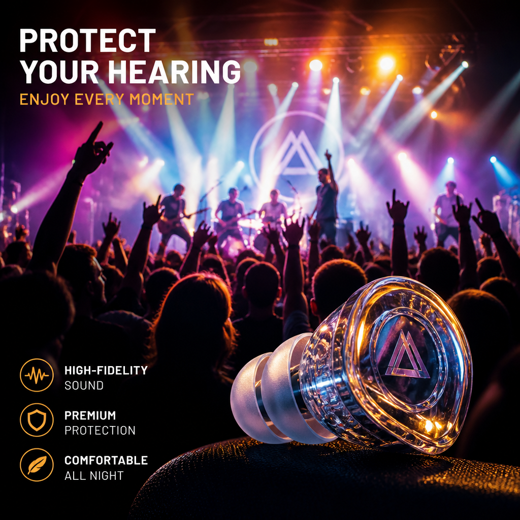 Concert crowd enjoying live music with high-fidelity ear plug visible in foreground