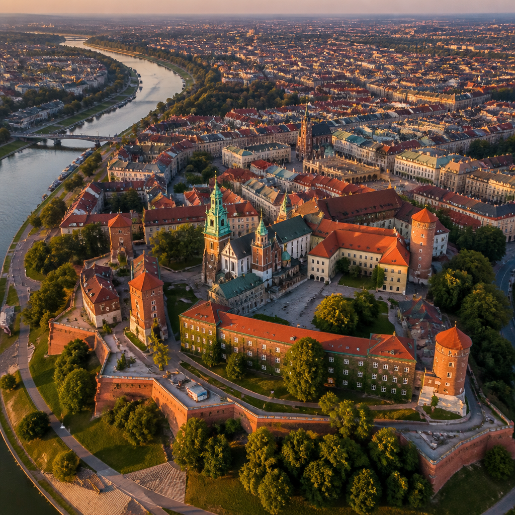 Widok z lotu ptaka na Kraków z Wawelem i Wisłą w złotej godzinie