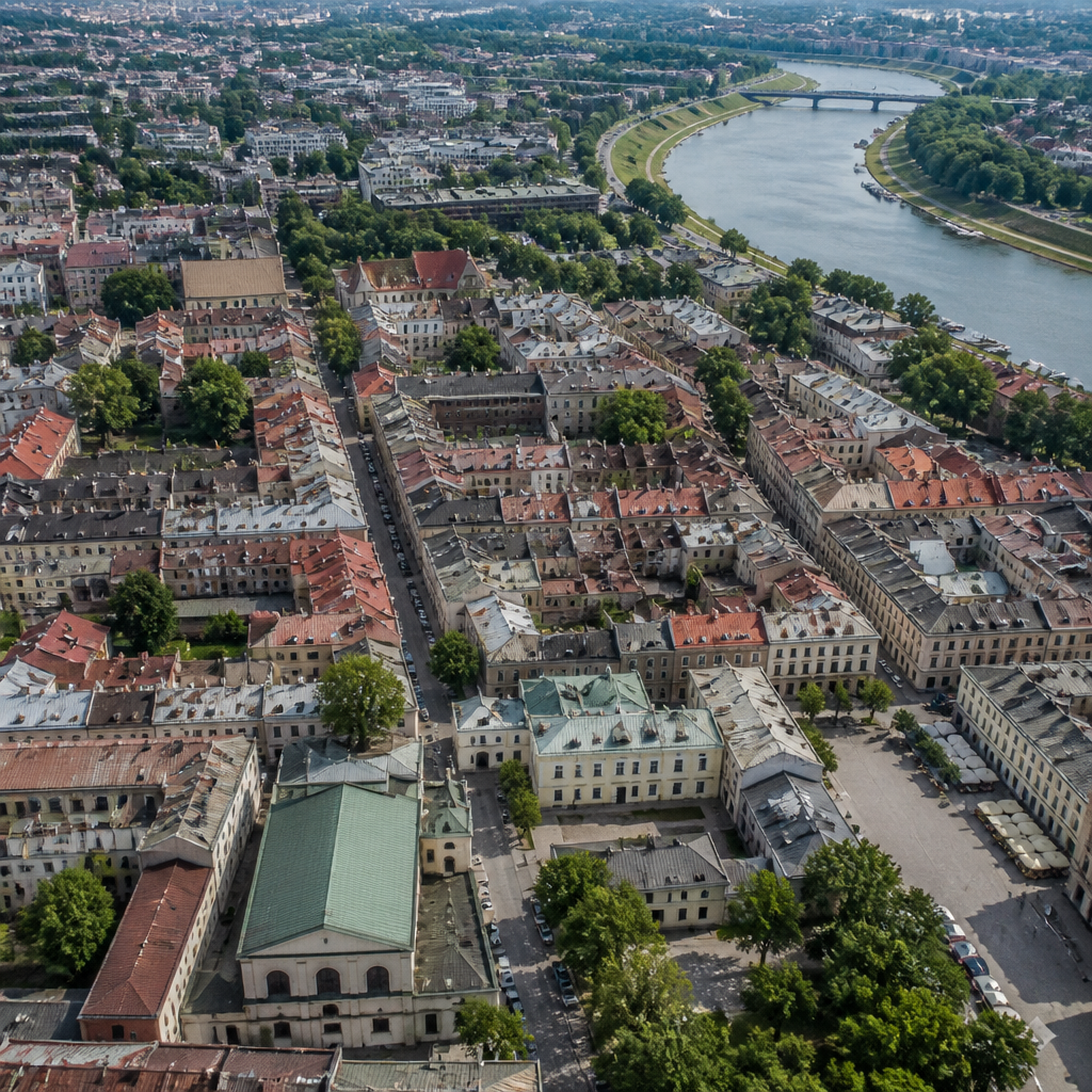 Kraków Kazimierz z powietrza, ukazujący historyczną zabudowę żydowskiego Krakowa