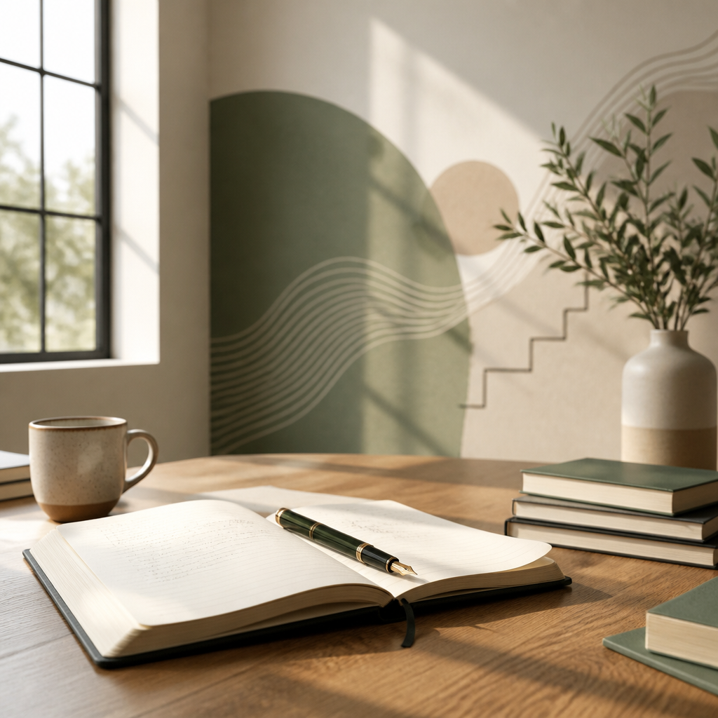 Minimalist desk setup with notebook for career self-reflection