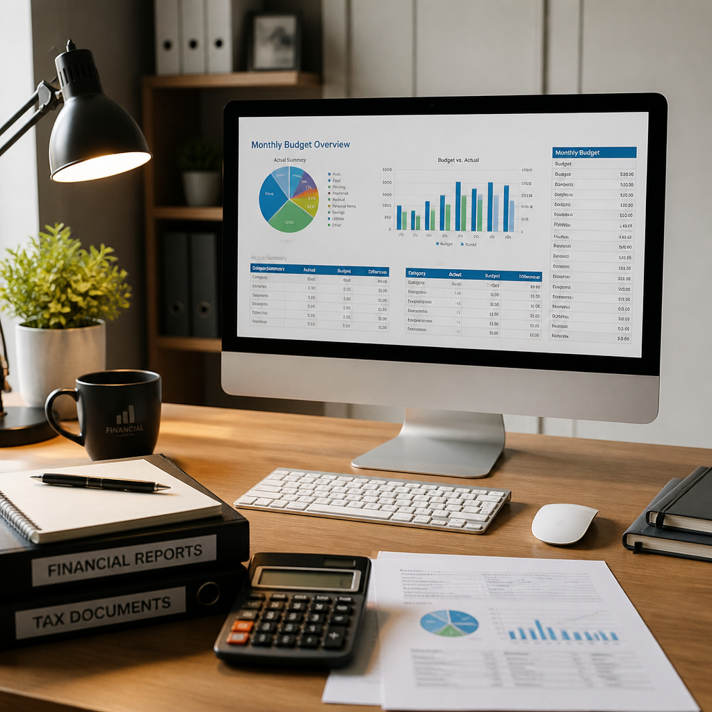 Professional workspace with financial documents and computer showing mortgage assessment data