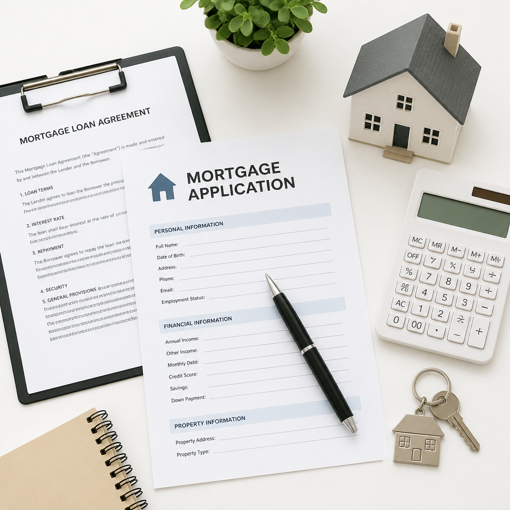Mortgage documentation and application materials arranged on desk with house keys