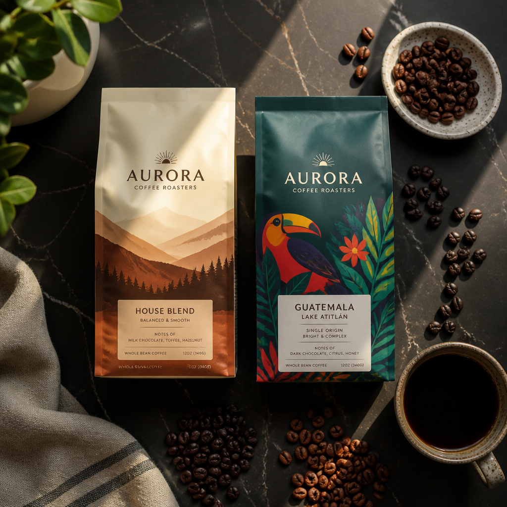 Two coffee bags and beans arranged on marble to show house blend versus single origin comparison