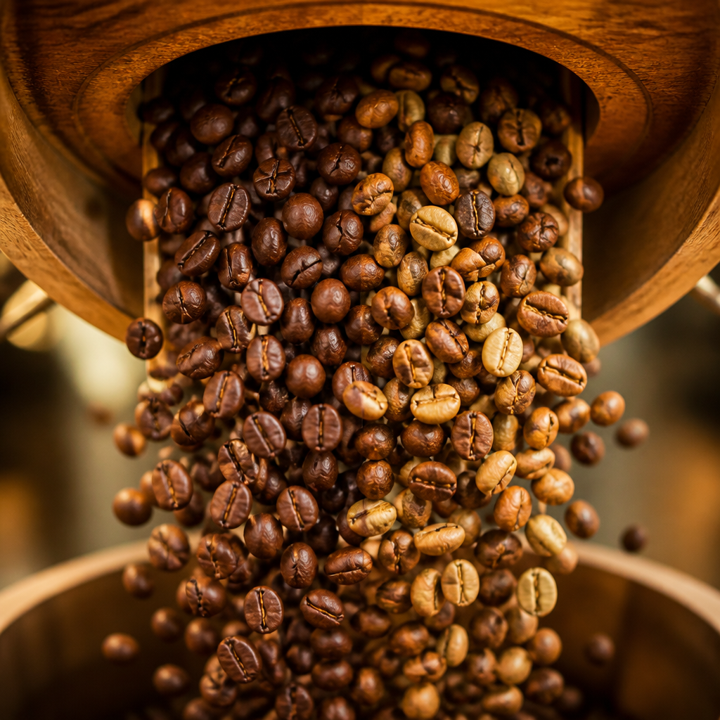 Coffee beans in a roasting funnel showing the texture and color differences between house blend and single origin varieties