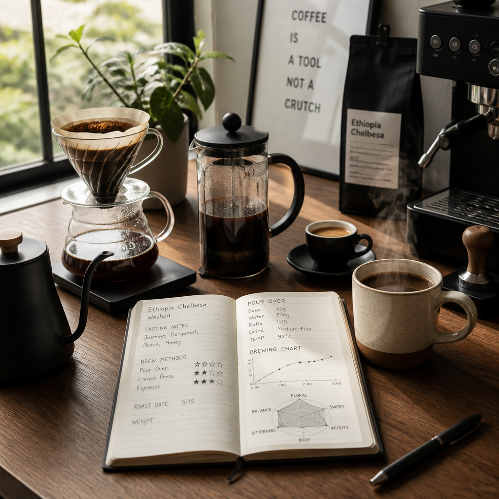 A home coffee brewing workspace with multiple brewing methods and tasting notes, representing the choice between coffee types