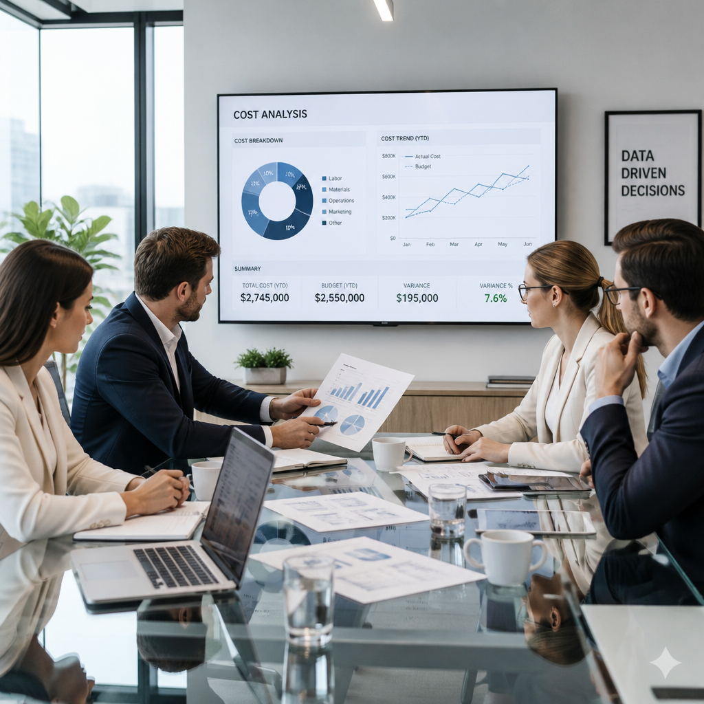 Business team analyzing financial comparison charts for signage costs