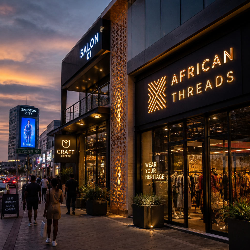 Illuminated storefront signs displaying modern retail branding in South African city