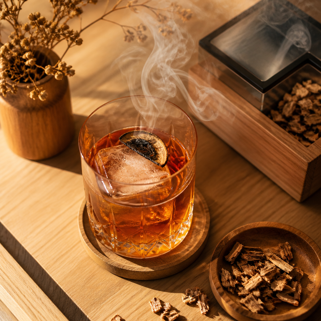 En kristallglas med cocktail och elegant rökslöja på minimalistisk trämöblerad skrivbord