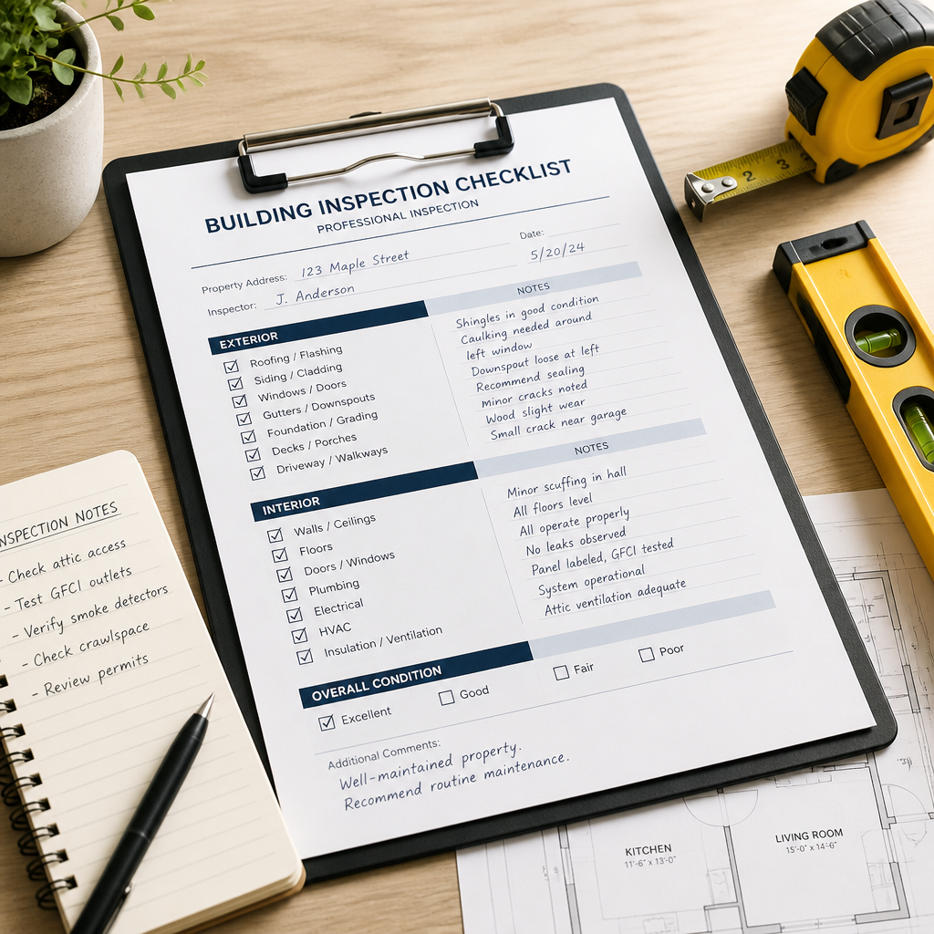 Professional building inspection clipboard with tools and checklist on a wooden desk