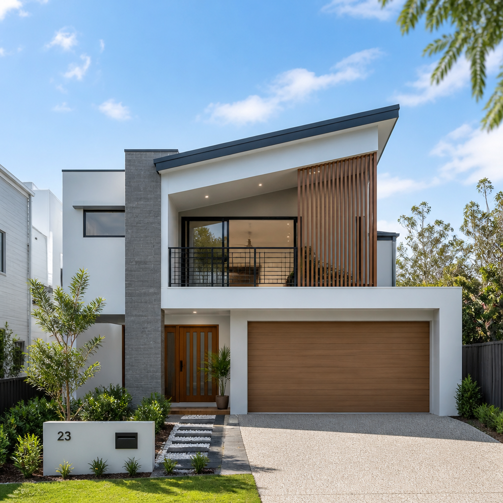 Contemporary new home exterior with clean architecture and professional finish