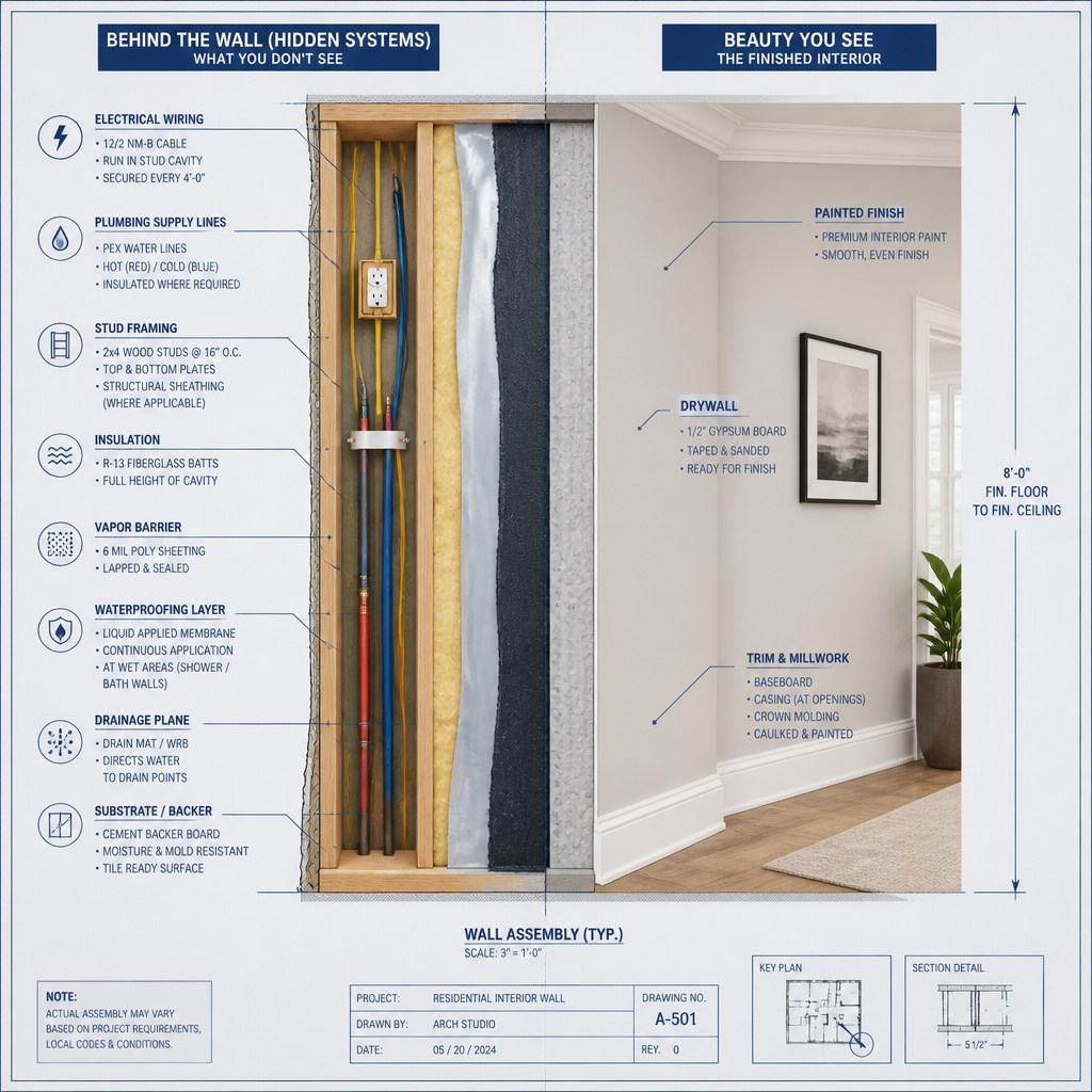 Technical illustration comparing hidden construction defects with finished home surfaces