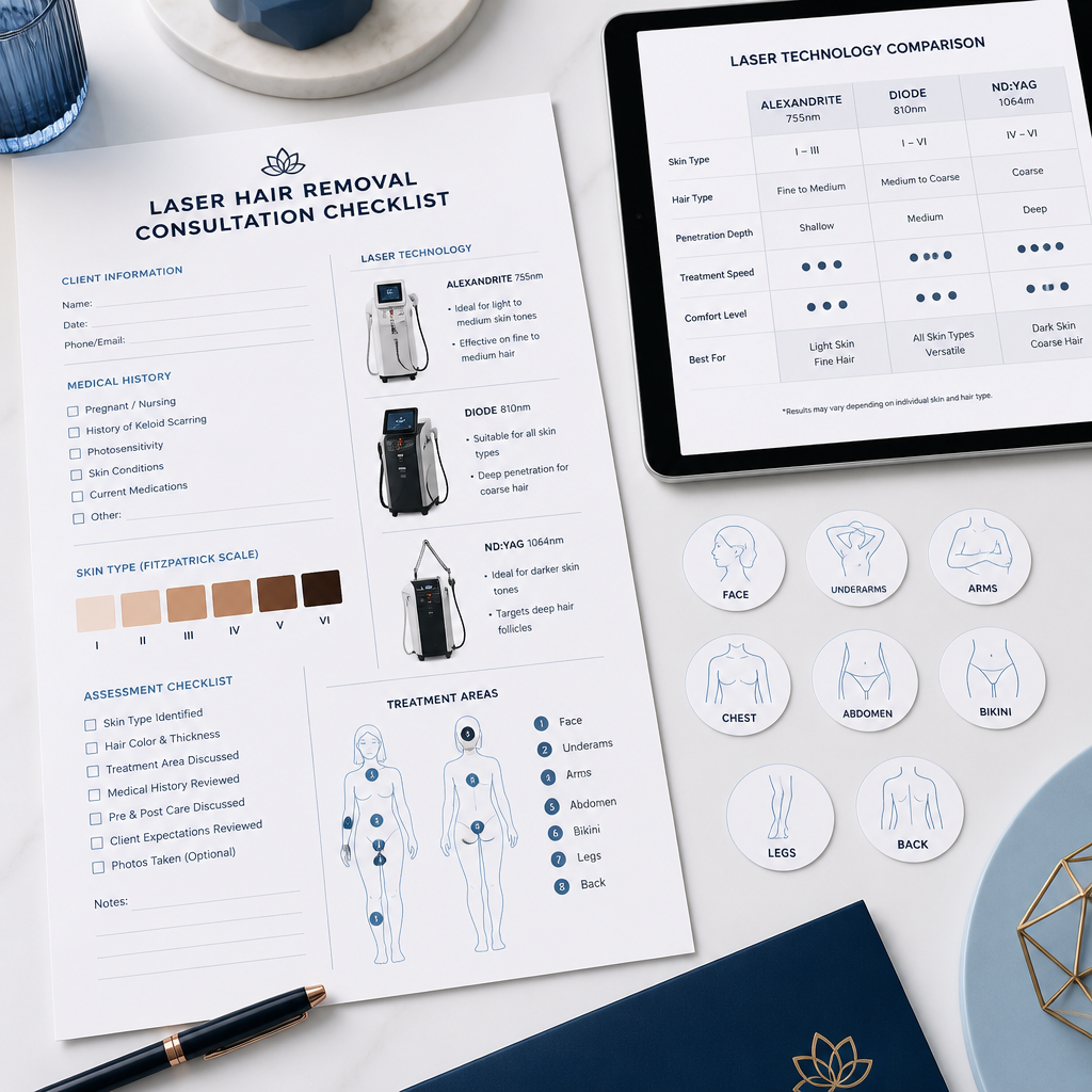 Flat lay of laser hair removal consultation materials and skin type comparison charts on a desk