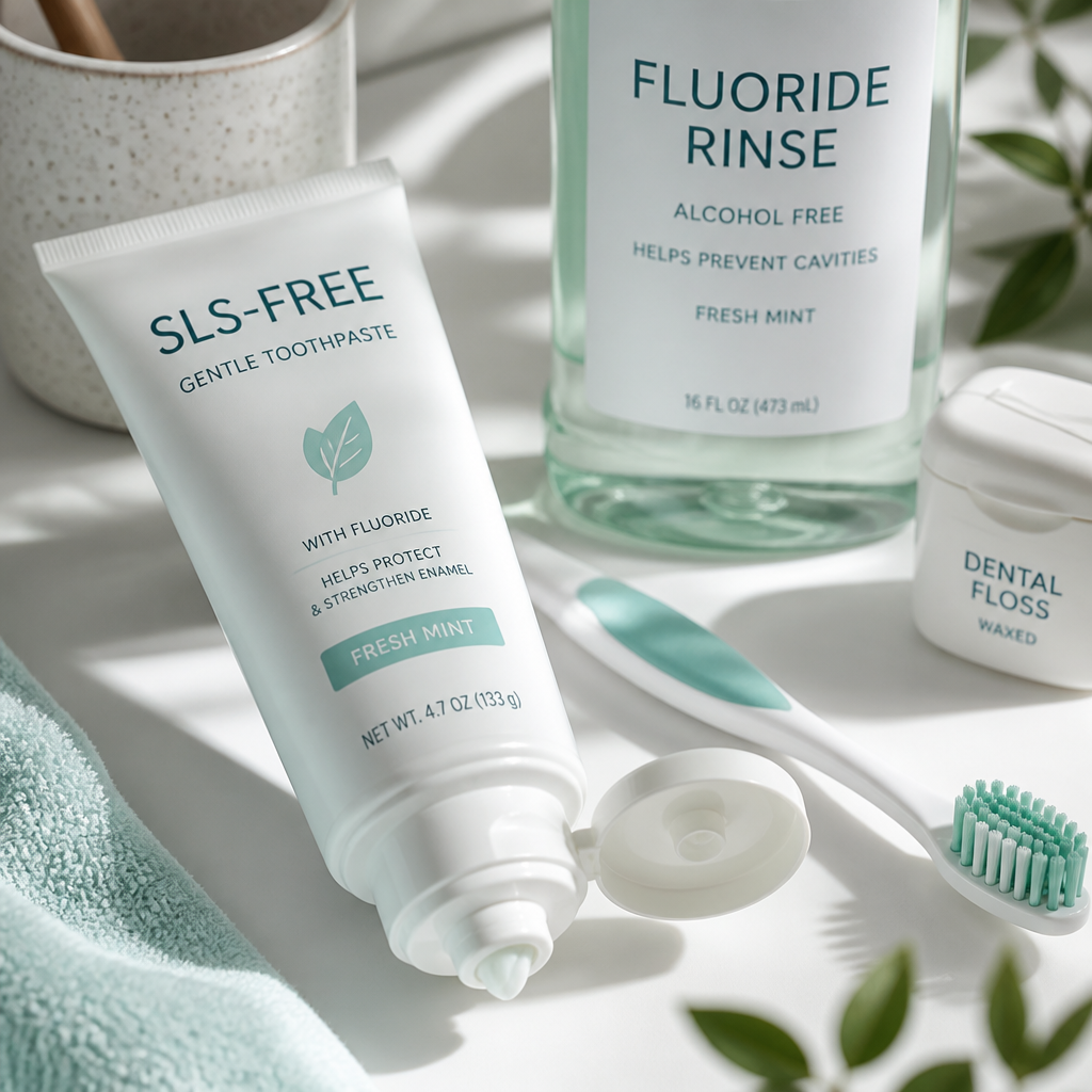 Specialized oral care products including SLS-free toothpaste and gentle hygiene tools