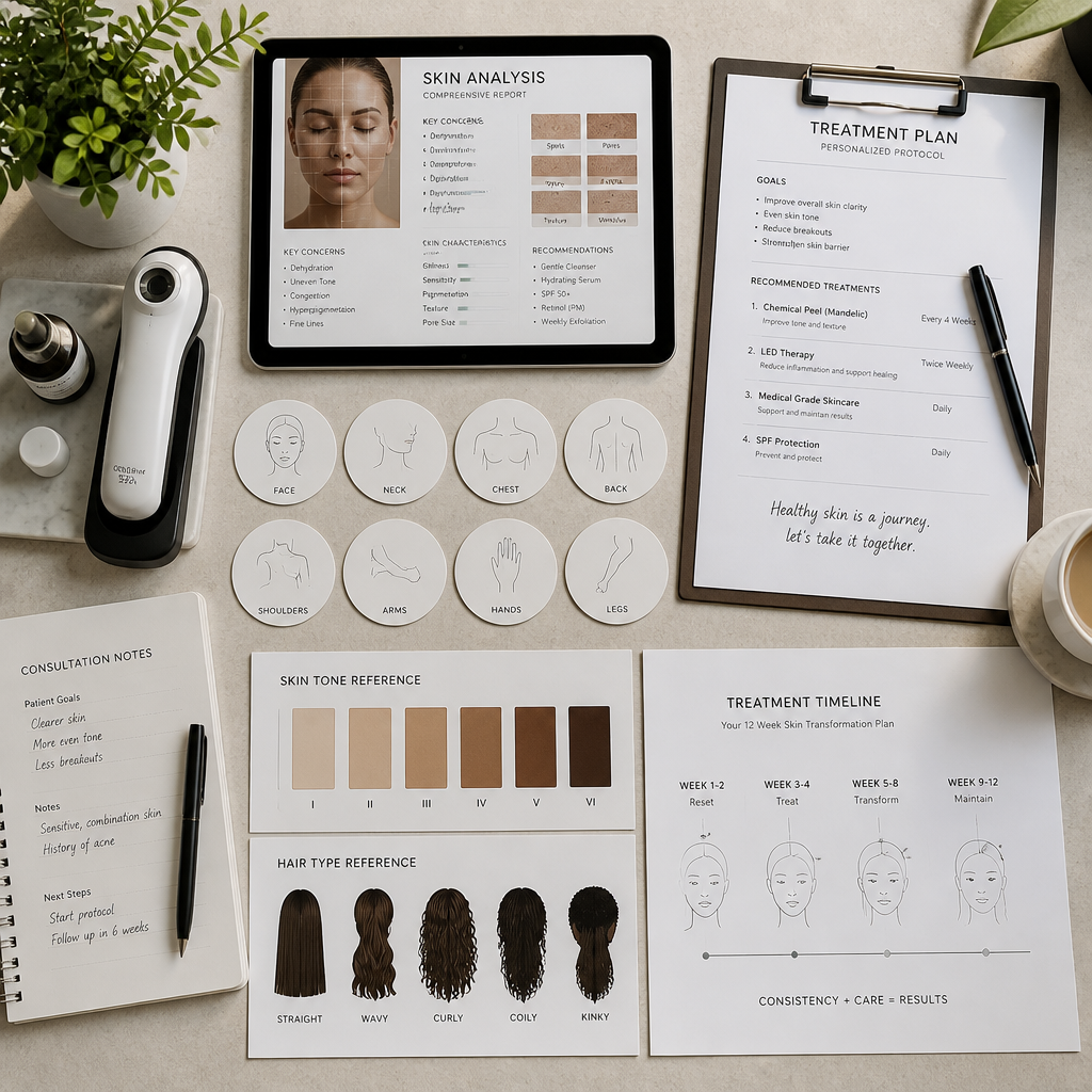 Professional dermatology consultation workspace with treatment planning materials and skin analysis tools