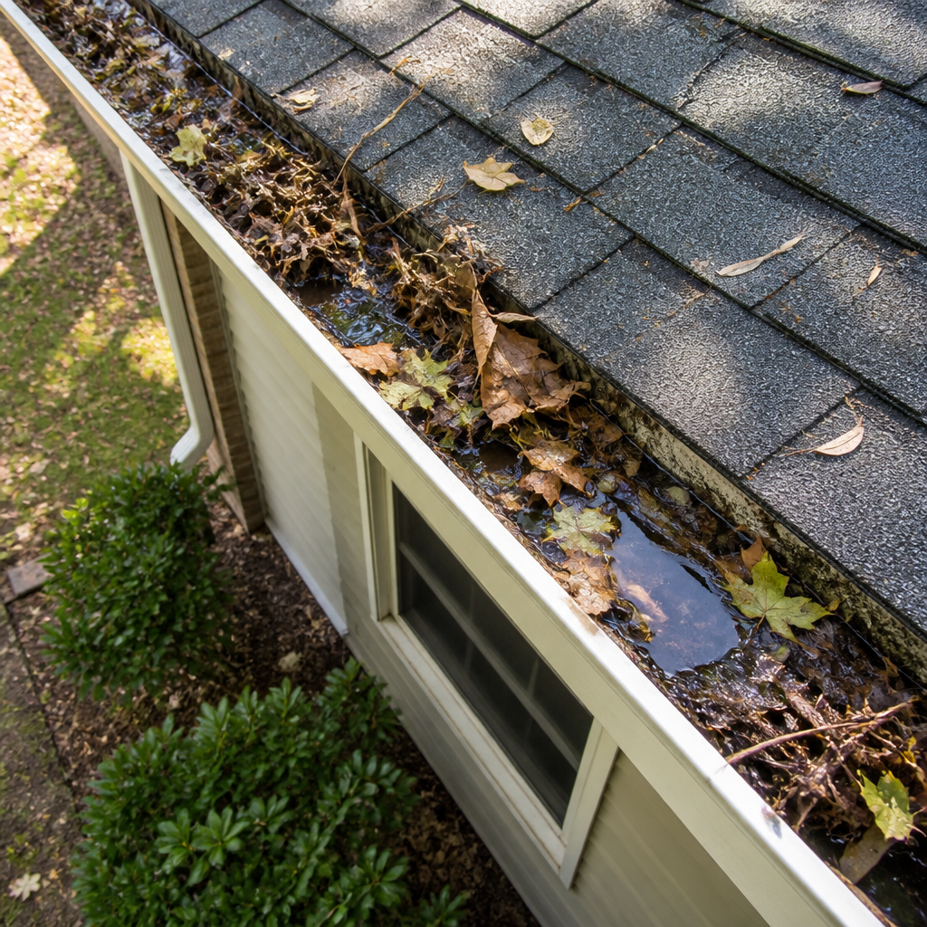 Clogged gutters filled with leaves and debris during fall season