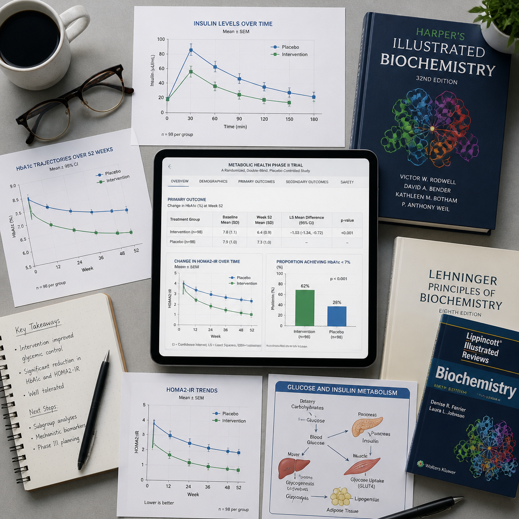 Research workspace with metabolic data charts and clinical trial documentation on a professional desk