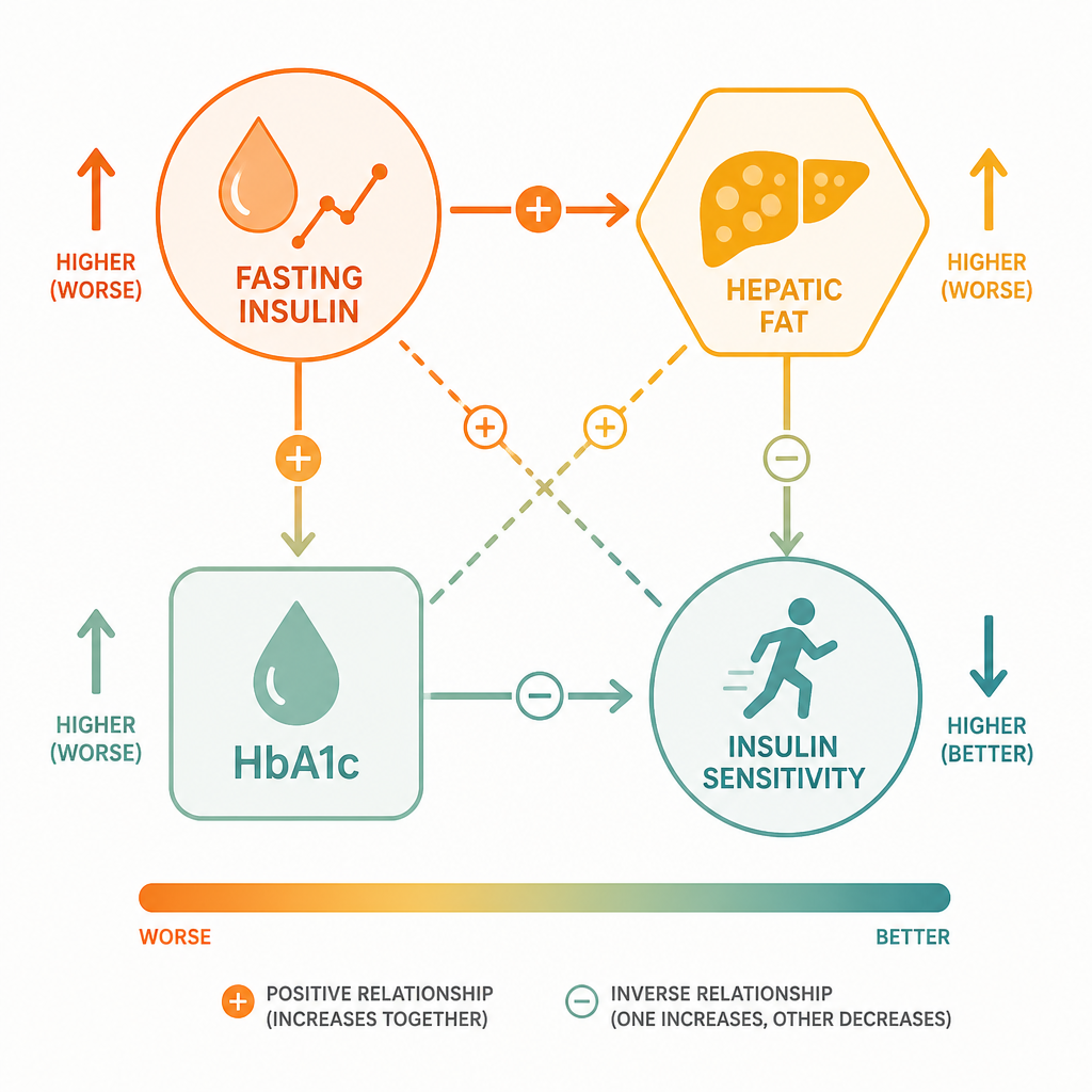 Infographic visualization of interconnected metabolic markers with directional indicators showing improvements