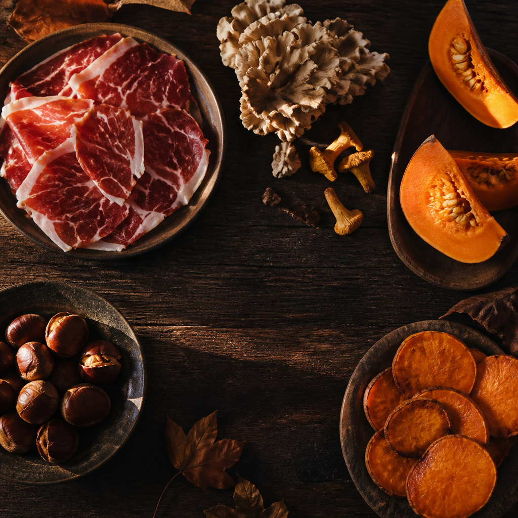 Ingredientes de otoño con jamón ibérico de bellota, setas silvestres, calabaza y castañas sobre madera oscura