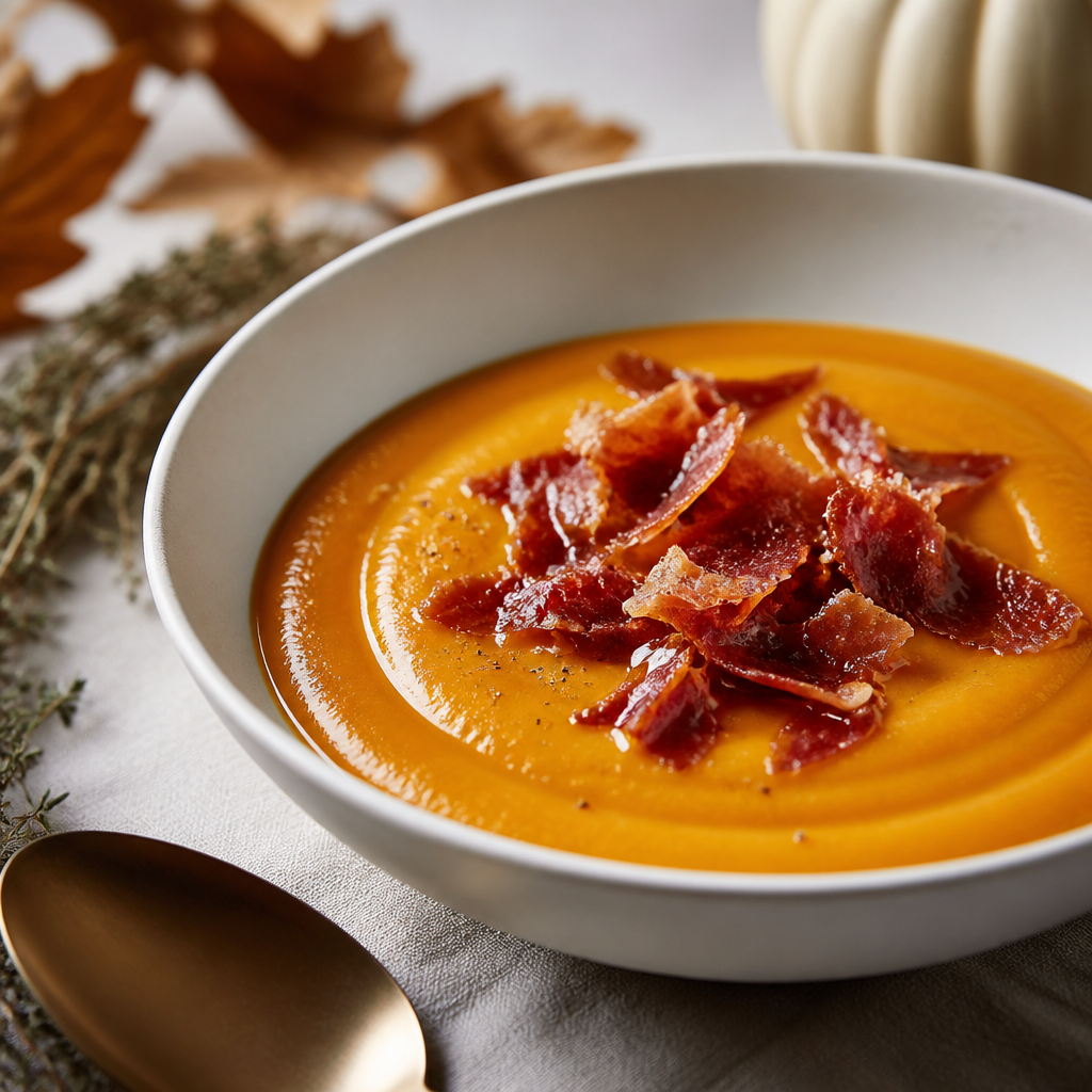 Crema de calabaza gourmet con crujiente de jamón ibérico como guarnición texturizada
