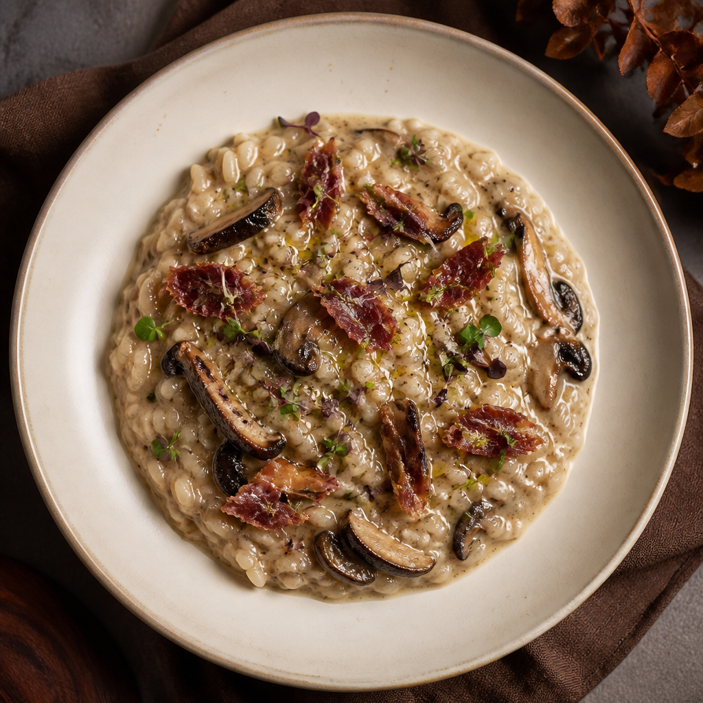 Risotto de setas silvestres con jamón ibérico bellota, presentación gourmet de otoño
