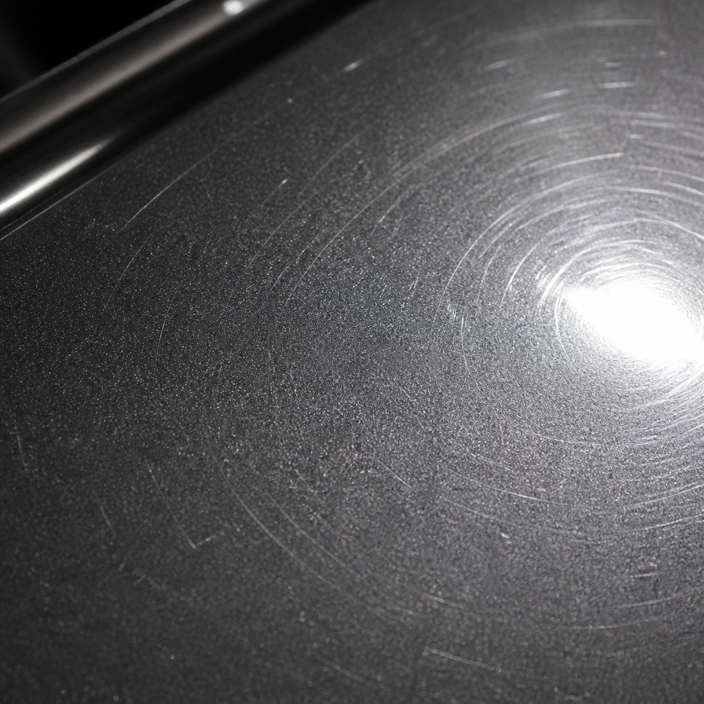 Close-up of car paint surface showing swirl marks and micro-scratches under bright lighting