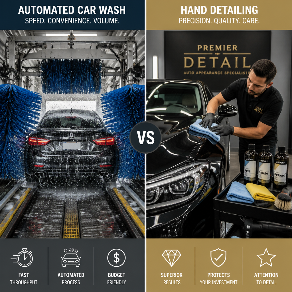 Side-by-side comparison of automatic car wash brushes and professional hand detailing techniques