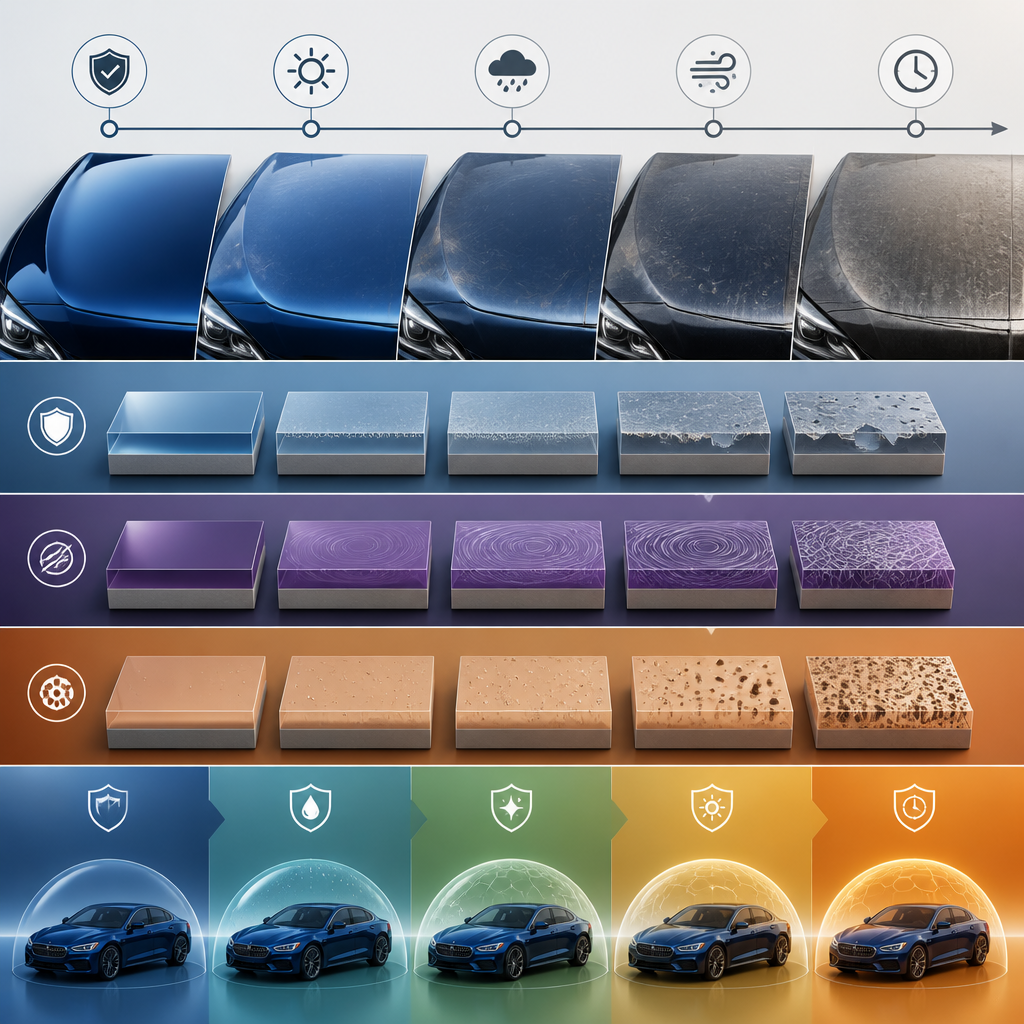 Visual timeline showing stages of paint damage accumulation and protection methods