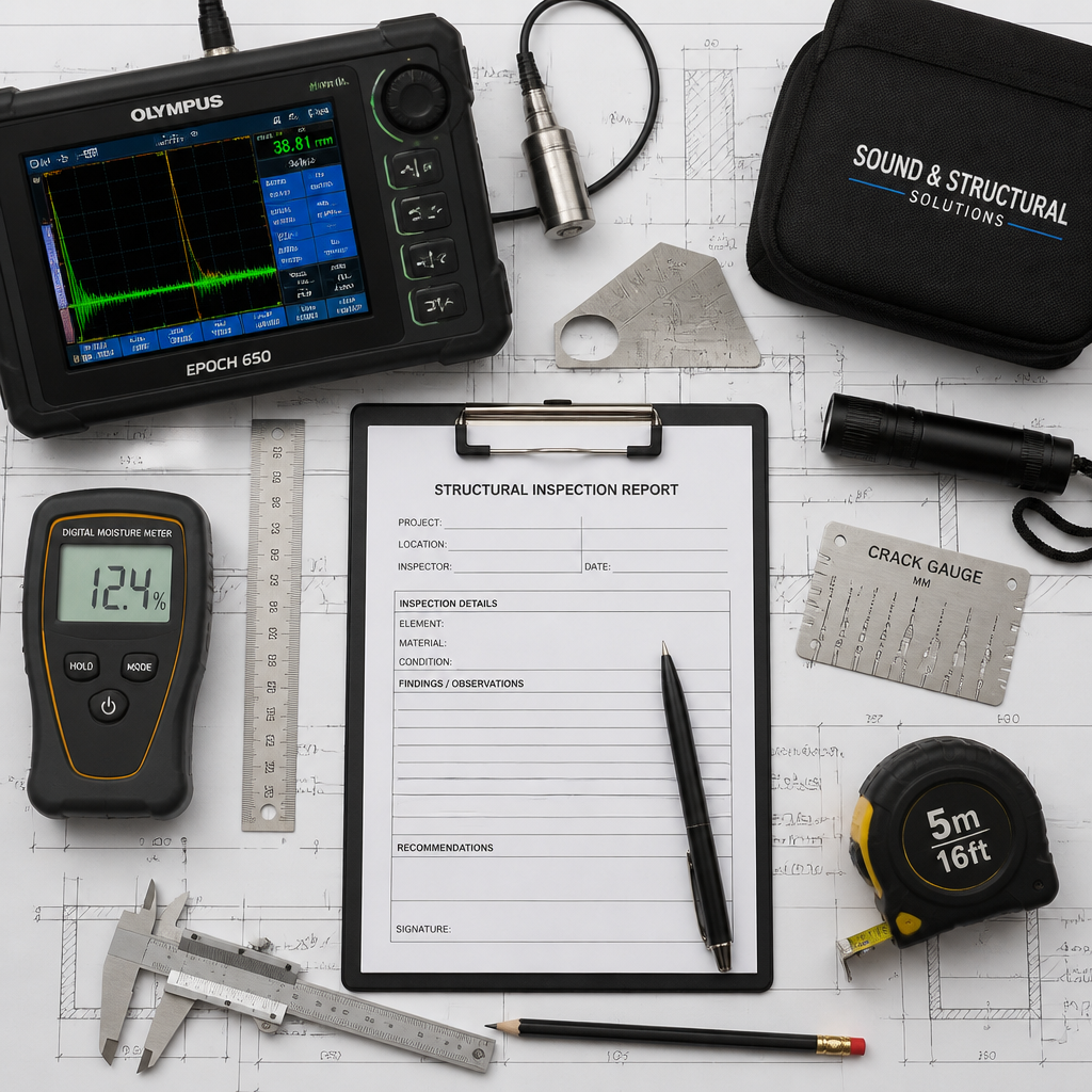 Outils d'auscultation et d'inspection pour diagnostic structurel disposés sur plans techniques