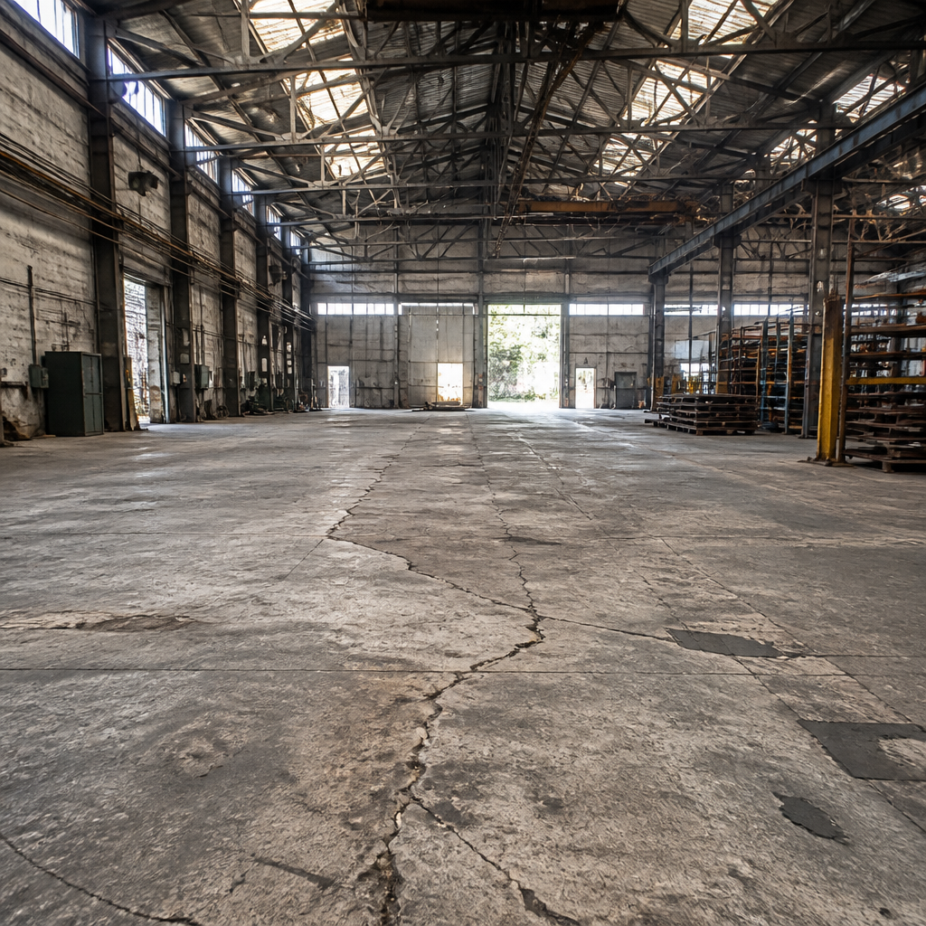 Vue intérieure d'un bâtiment industriel avec fissures au sol et éléments de charpente métallique
