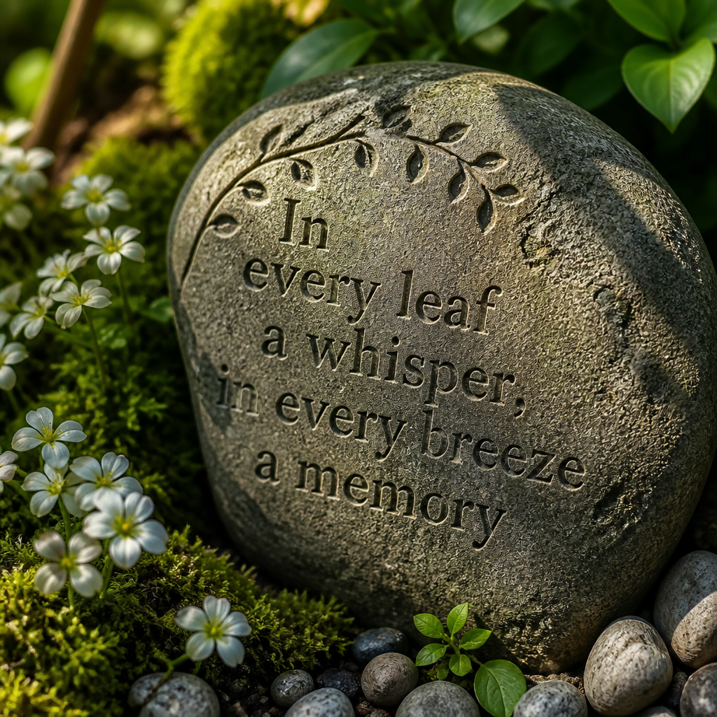 Engraved memorial stone nestled in a garden bed with flowers and moss