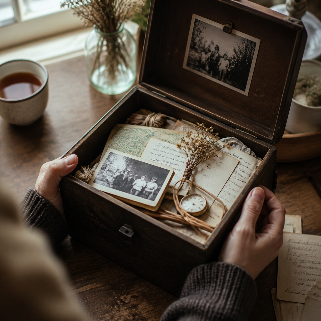 Hands holding an open memory box filled with pet photos and keepsakes at a desk