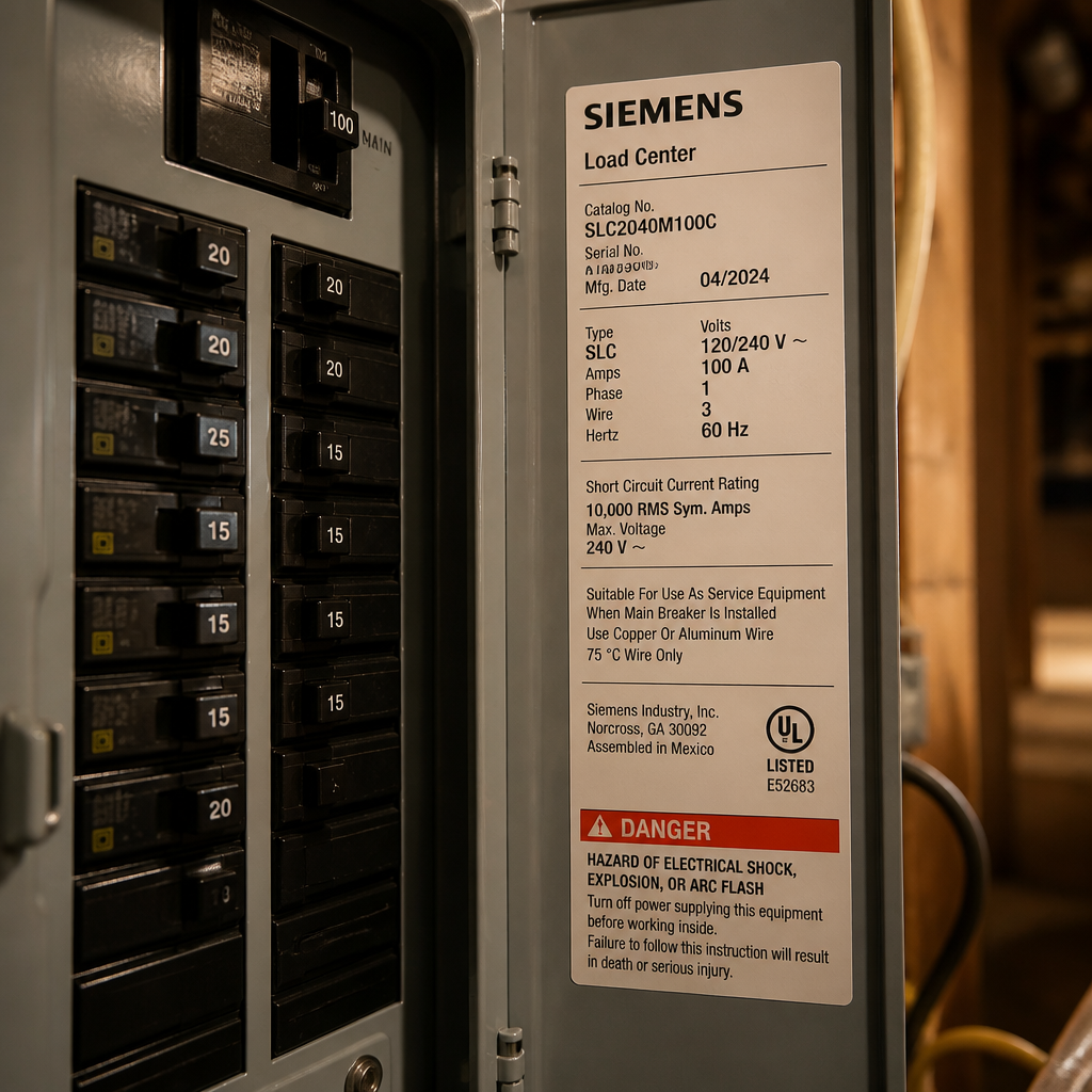 Close-up of an electrical service panel showing breaker switches and amperage rating