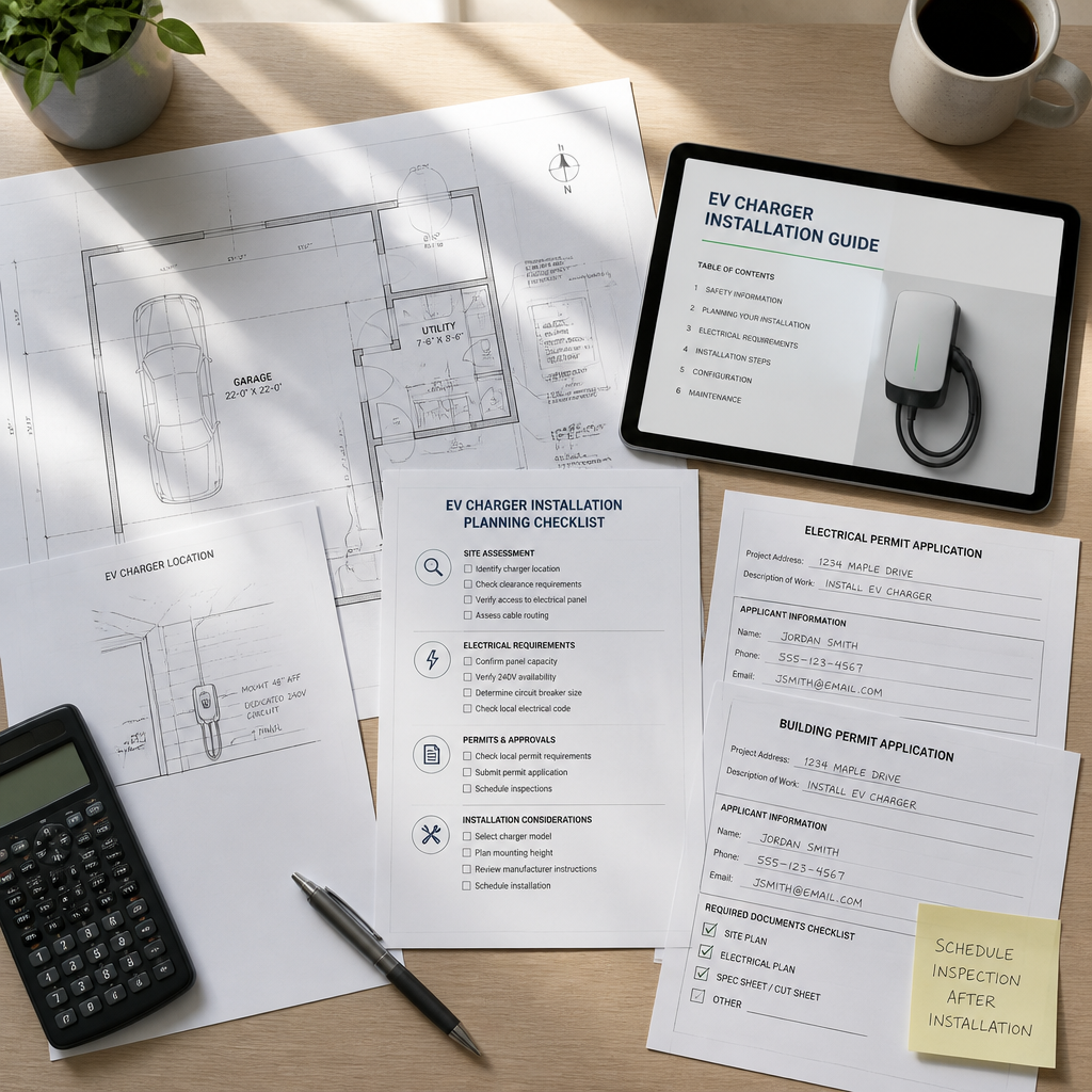 Workspace with EV charger installation documents, permits, and checklist materials spread across a desk