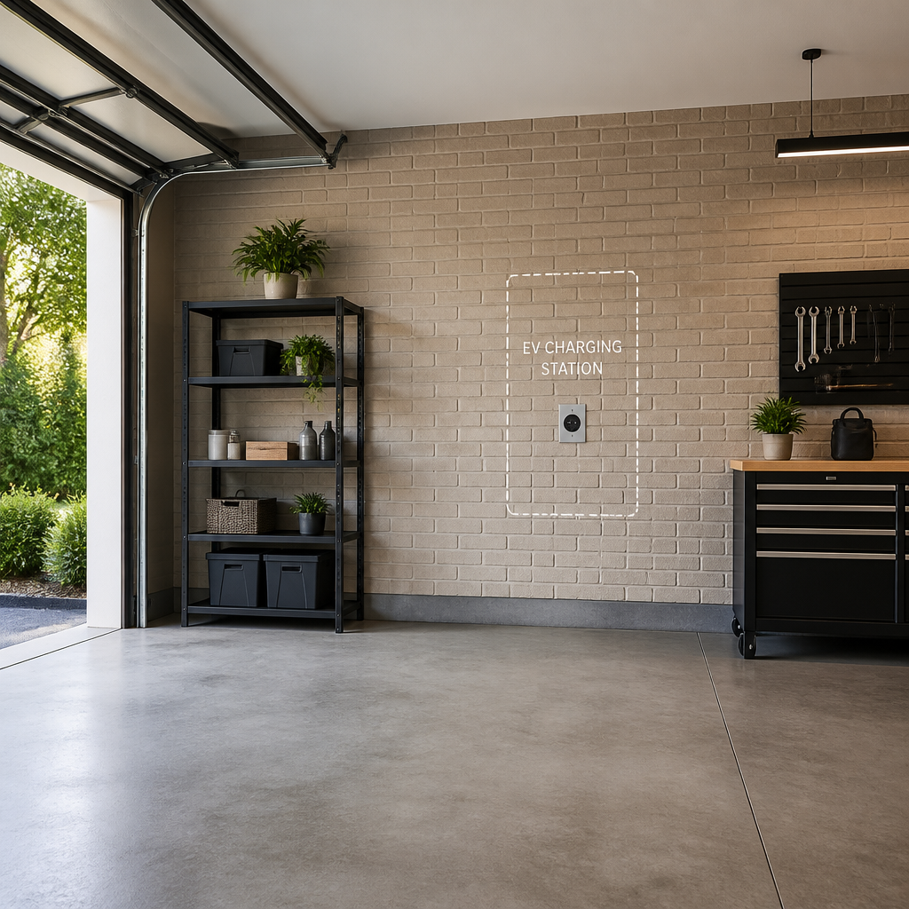 Modern garage interior showing wall space prepared for EV charger installation