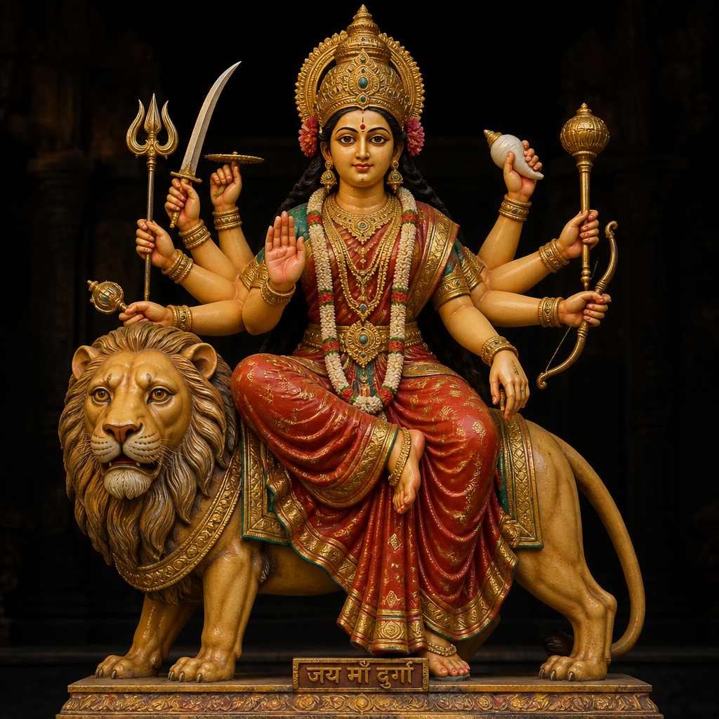 Statue complète de Durga montée sur un lion, montrant une pose divine à plusieurs bras et des insignes de cérémonie