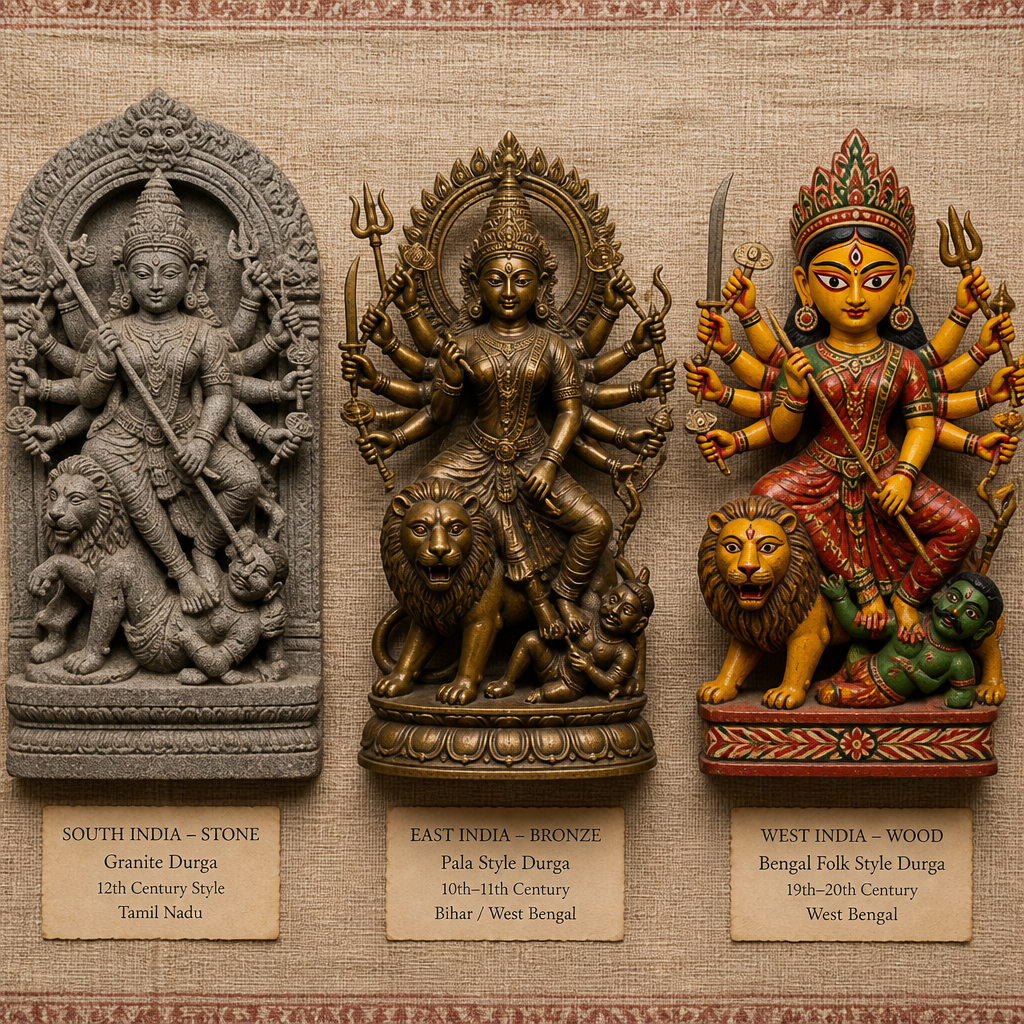 Trois styles distincts de statues Durga dans différents matériaux disposés à des fins de comparaison