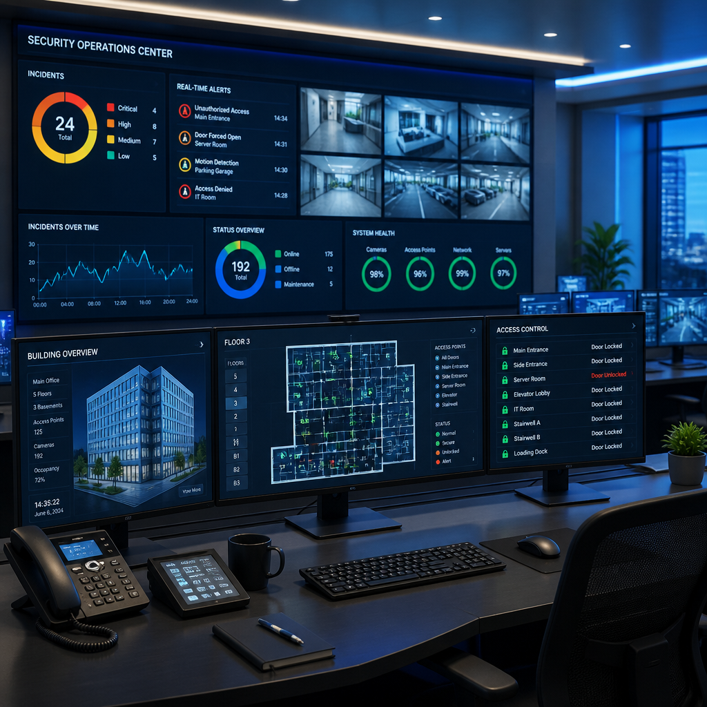 Security operations control center with multiple monitoring displays and access control systems