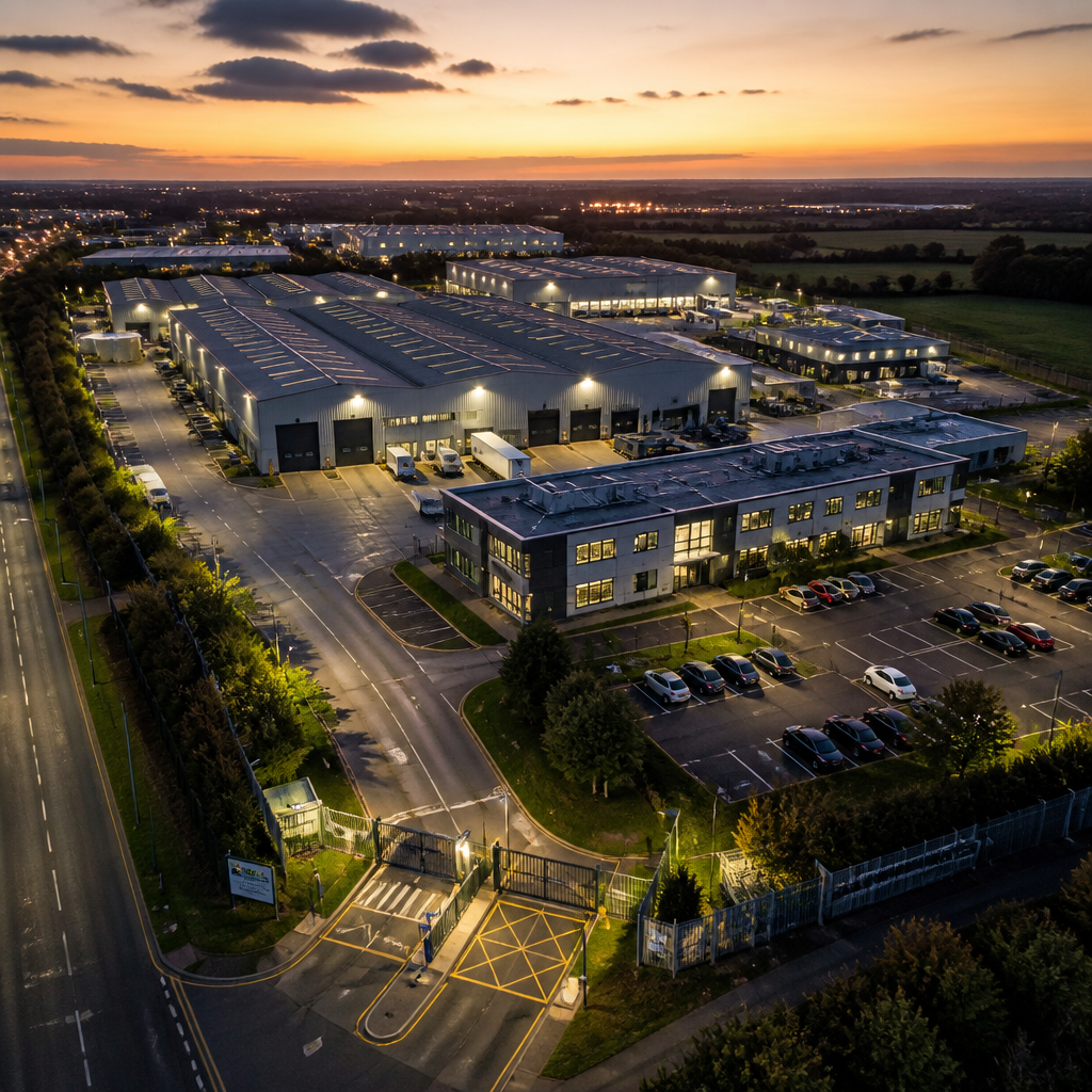 Overhead view of large commercial property compound with multiple access points and perimeter boundaries