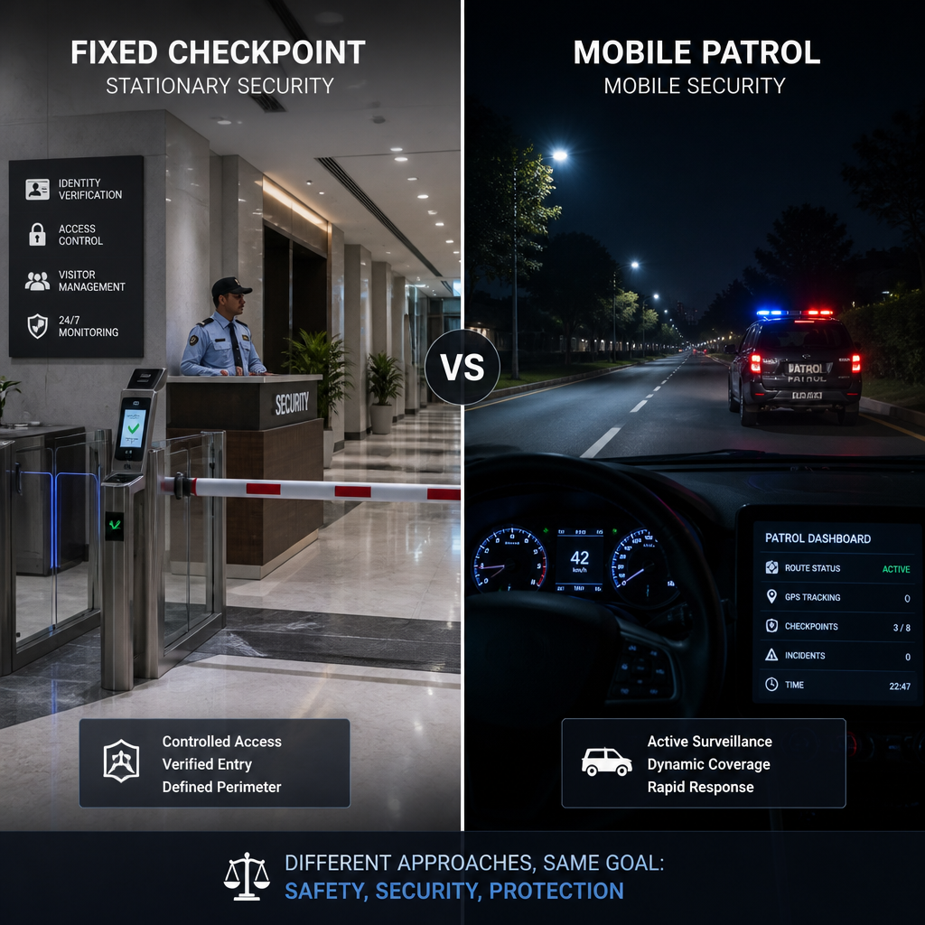 Conceptual comparison of static checkpoint versus mobile patrol security approaches