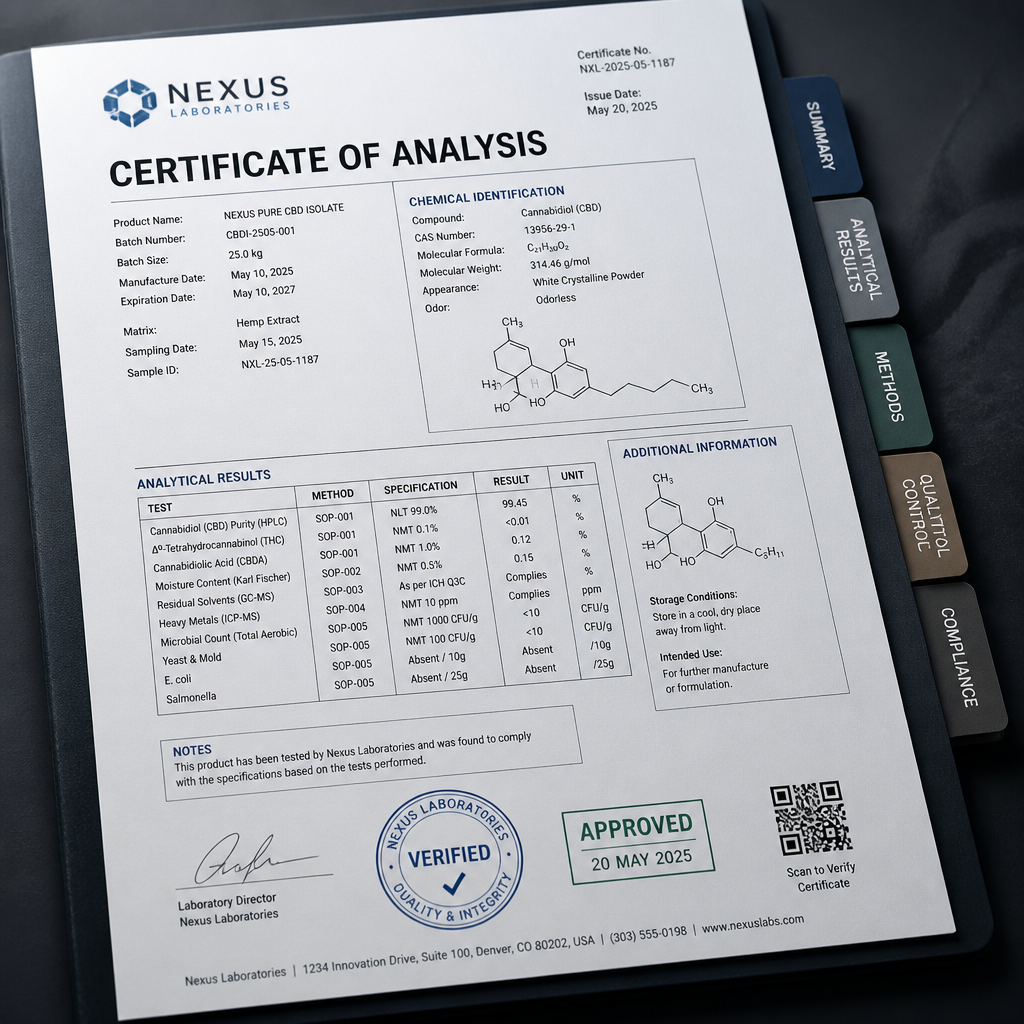 Certificate of Analysis showing batch specifications and third-party verification stamps