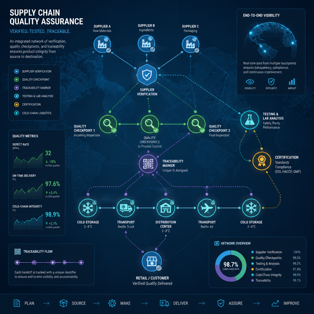 Supply chain verification network illustrating quality control checkpoints and traceability standards