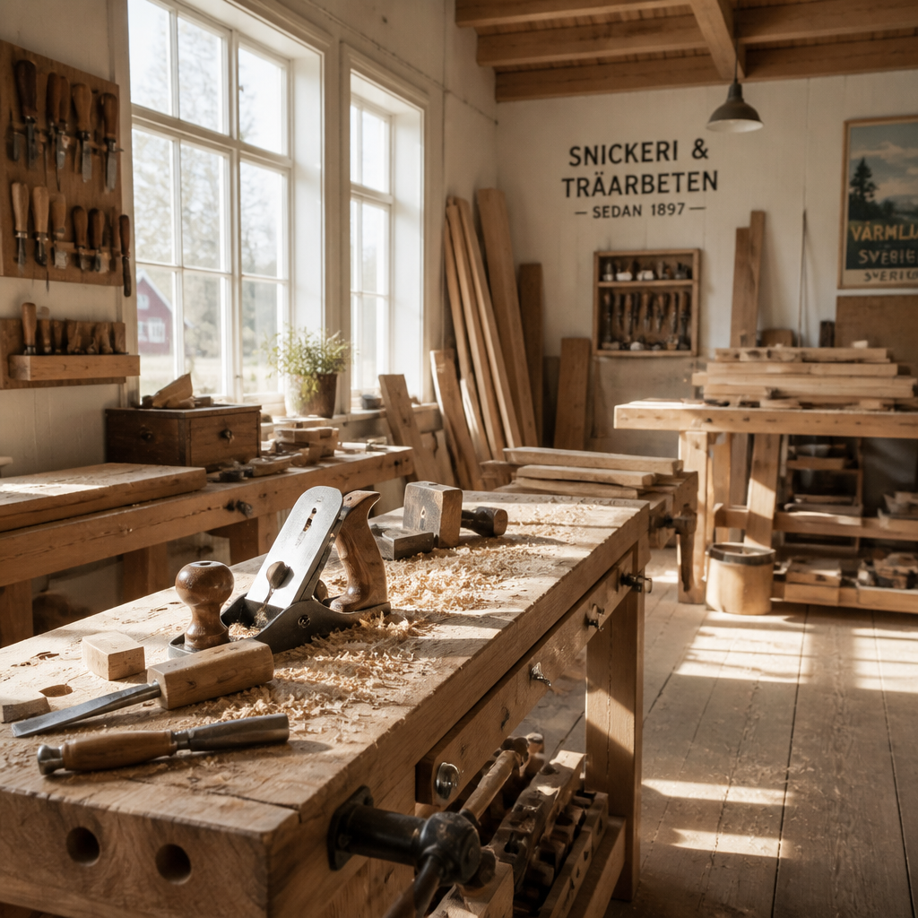 Traditionell hantverk workshop med trämaterial och verktyg i naturligt ljus