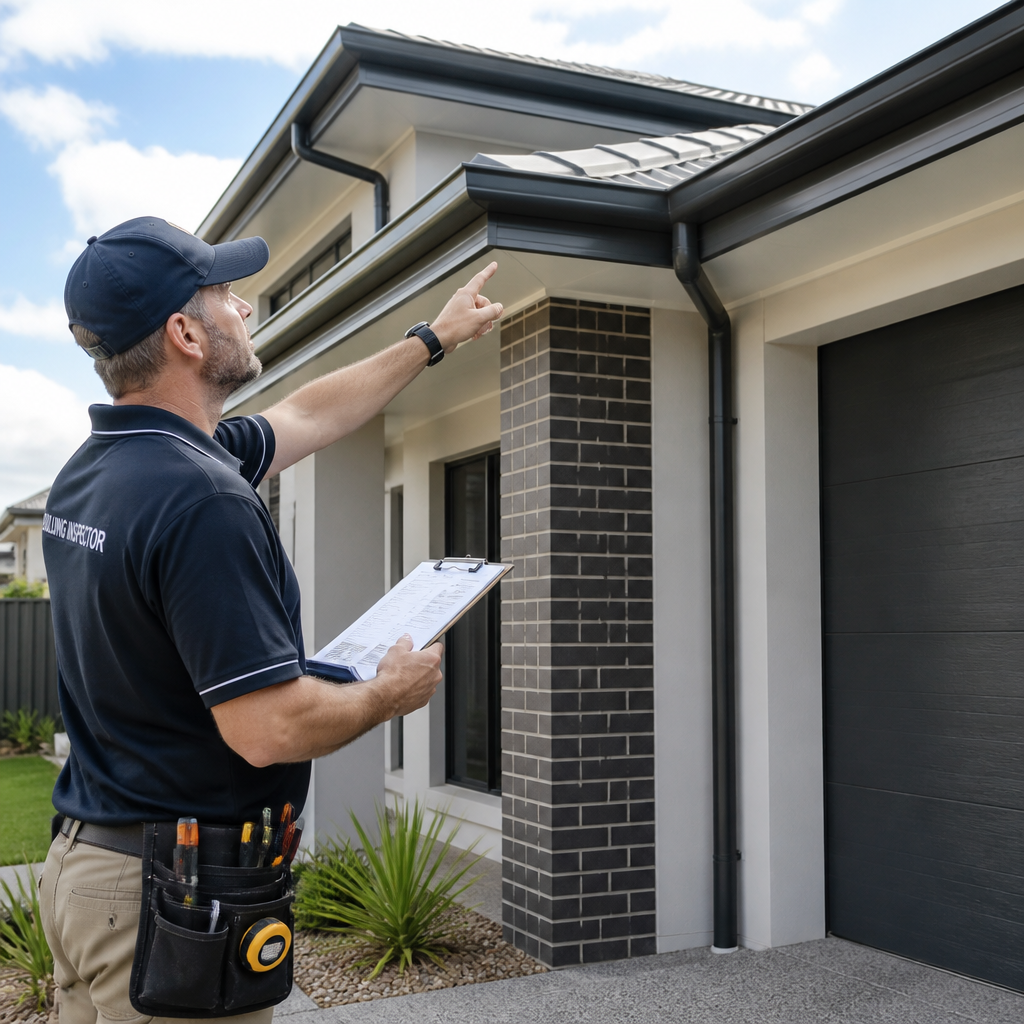 Home inspector examining exterior of new Brisbane home with professional tools