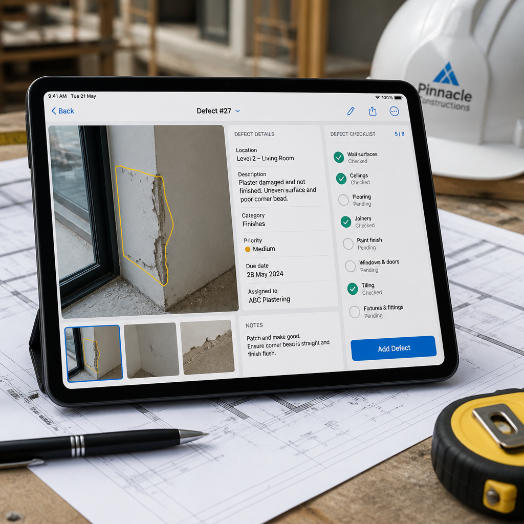 Digital defect report on tablet with annotated property photos and inspection notes