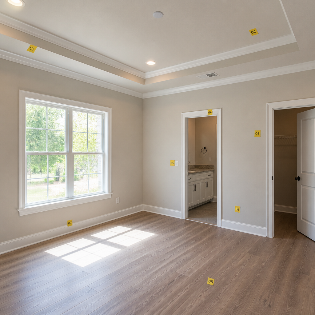New home interior rooms showing walls, ceiling and flooring for inspection