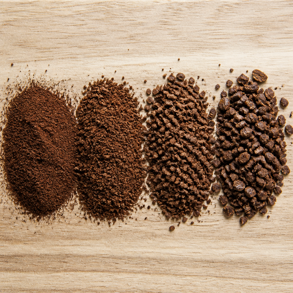 Three piles of espresso coffee grounds showing fine, medium, and coarse grind sizes.