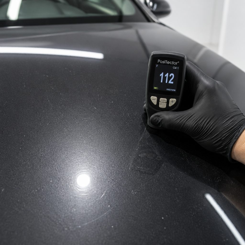 Professional paint inspection and condition assessment during car detailing intake