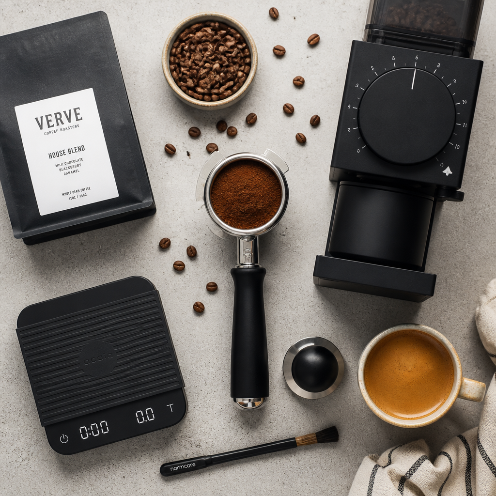Espresso equipment and accessories arranged on a flat surface: portafilter, scale, grinder, and coffee beans.